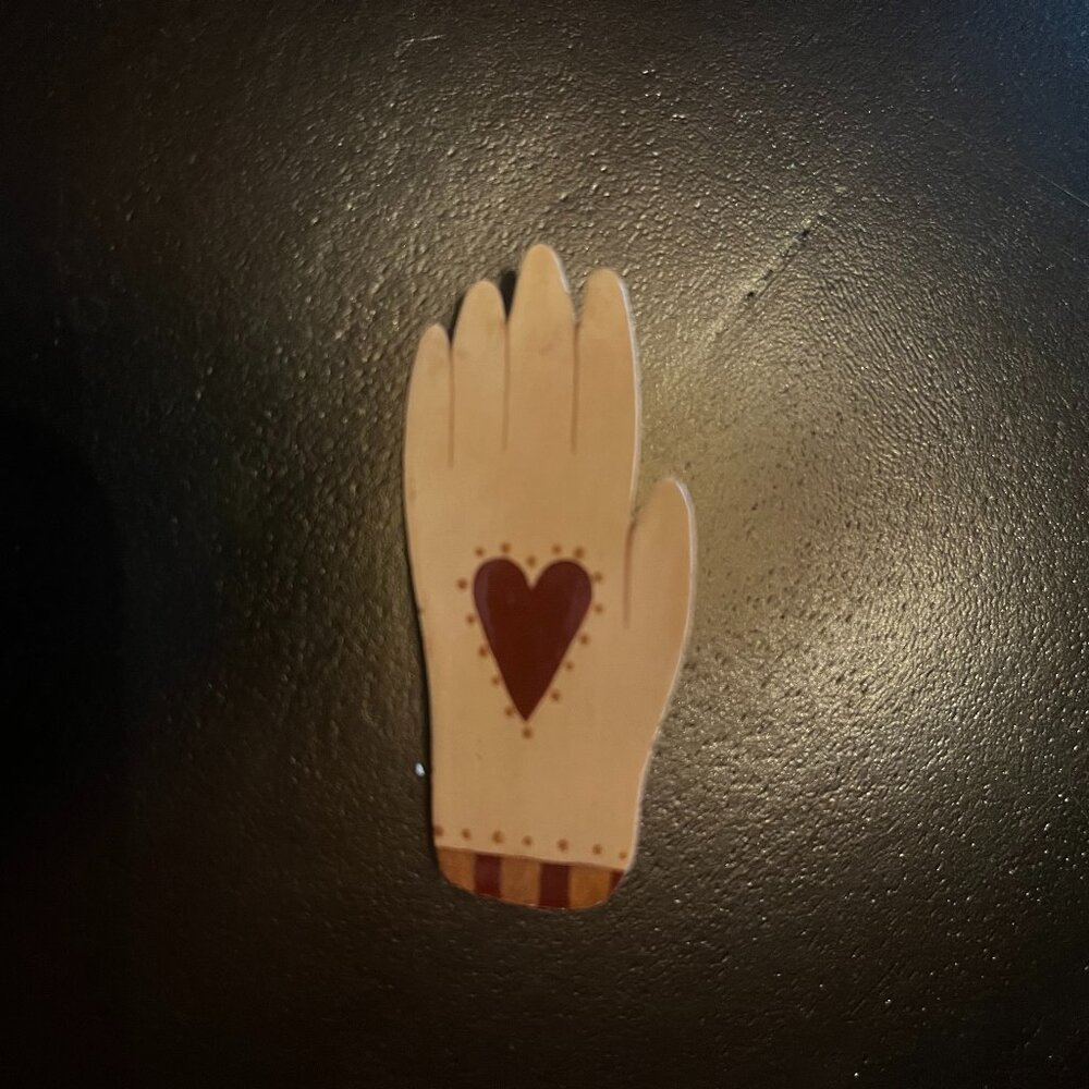 Hand Painted Brooch Hand Shape with Heart Copper Backing